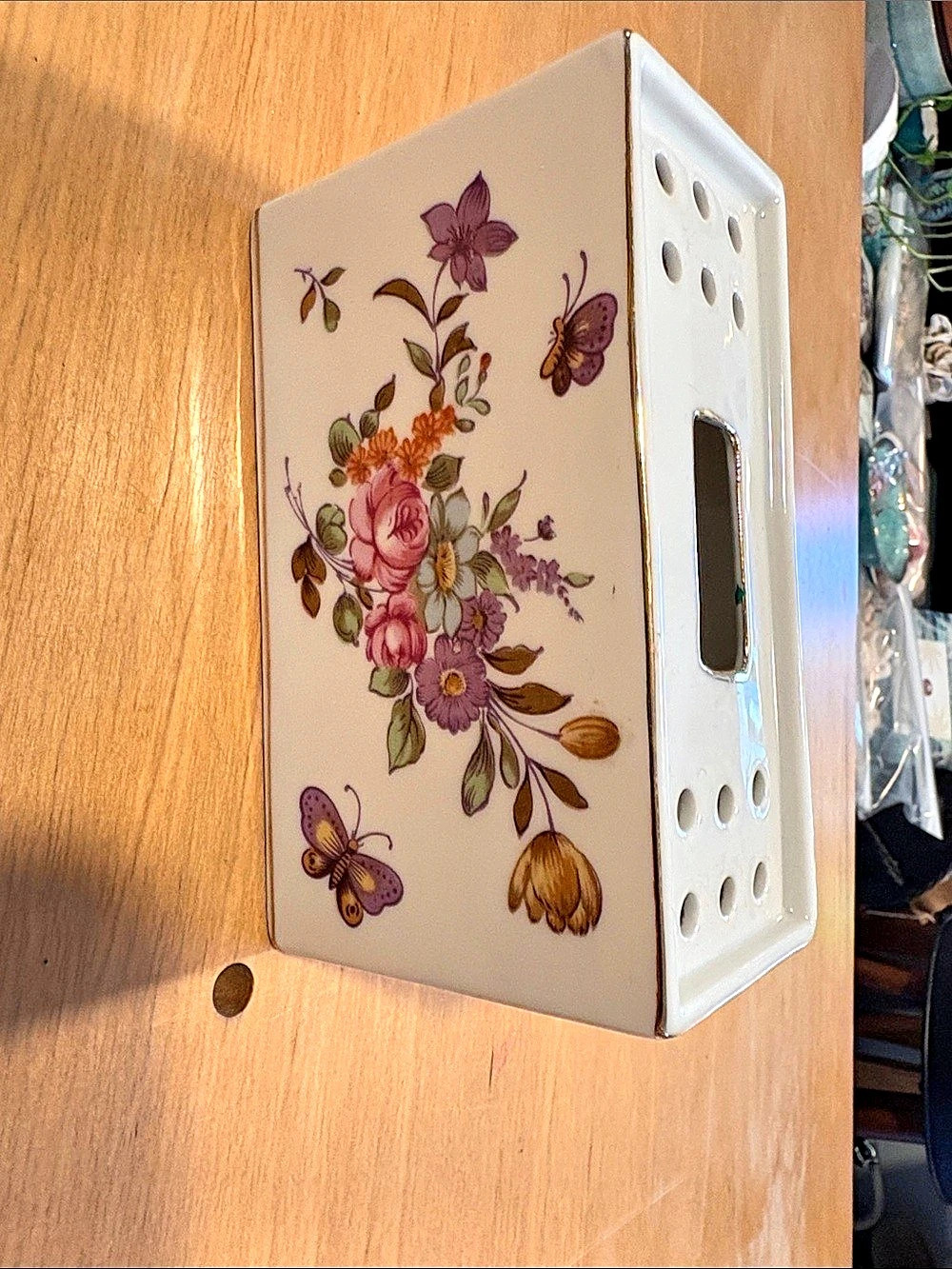 VINTAGE ~ porcelain flower brick vase featuring colorful floral butterfly